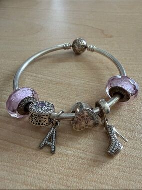 Pandora Silver Bracelet with Pink Glass Beads and Dangle Charms